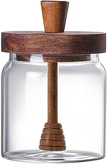 14 OZ Airtight Glass Honey Jar with Dipper & Acacia Wood Lid, Round Honey Storage Container, Multi-Use Coffee Syrup Dispenser, Kitchen Dining Gift for Her Bar Accessories