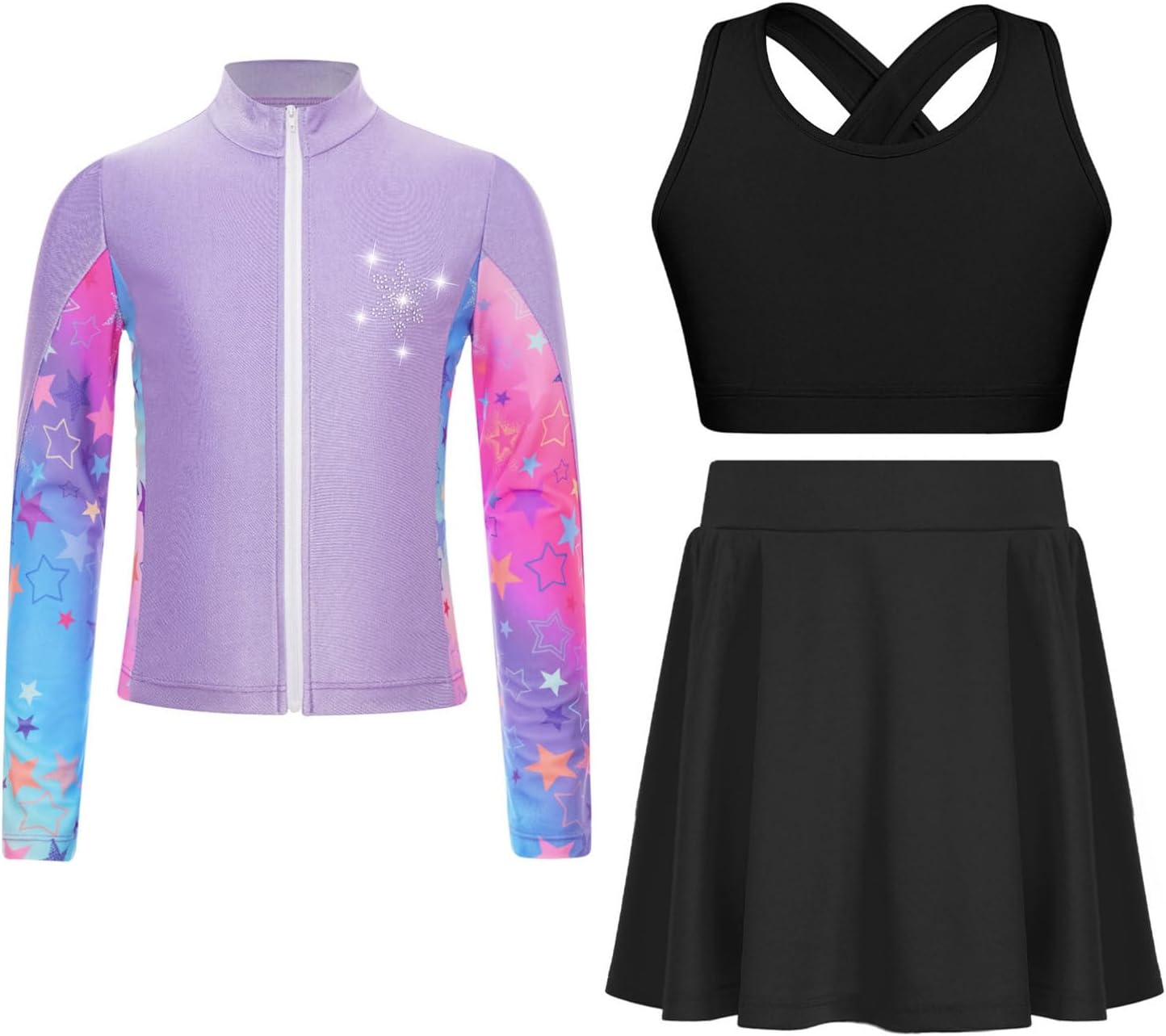 dPois Girls Ice Skating Training Suit Long Sleeve Zip Up Jacket with Crop Top & High Waist Pleated Skirt Set Purple 14 Years