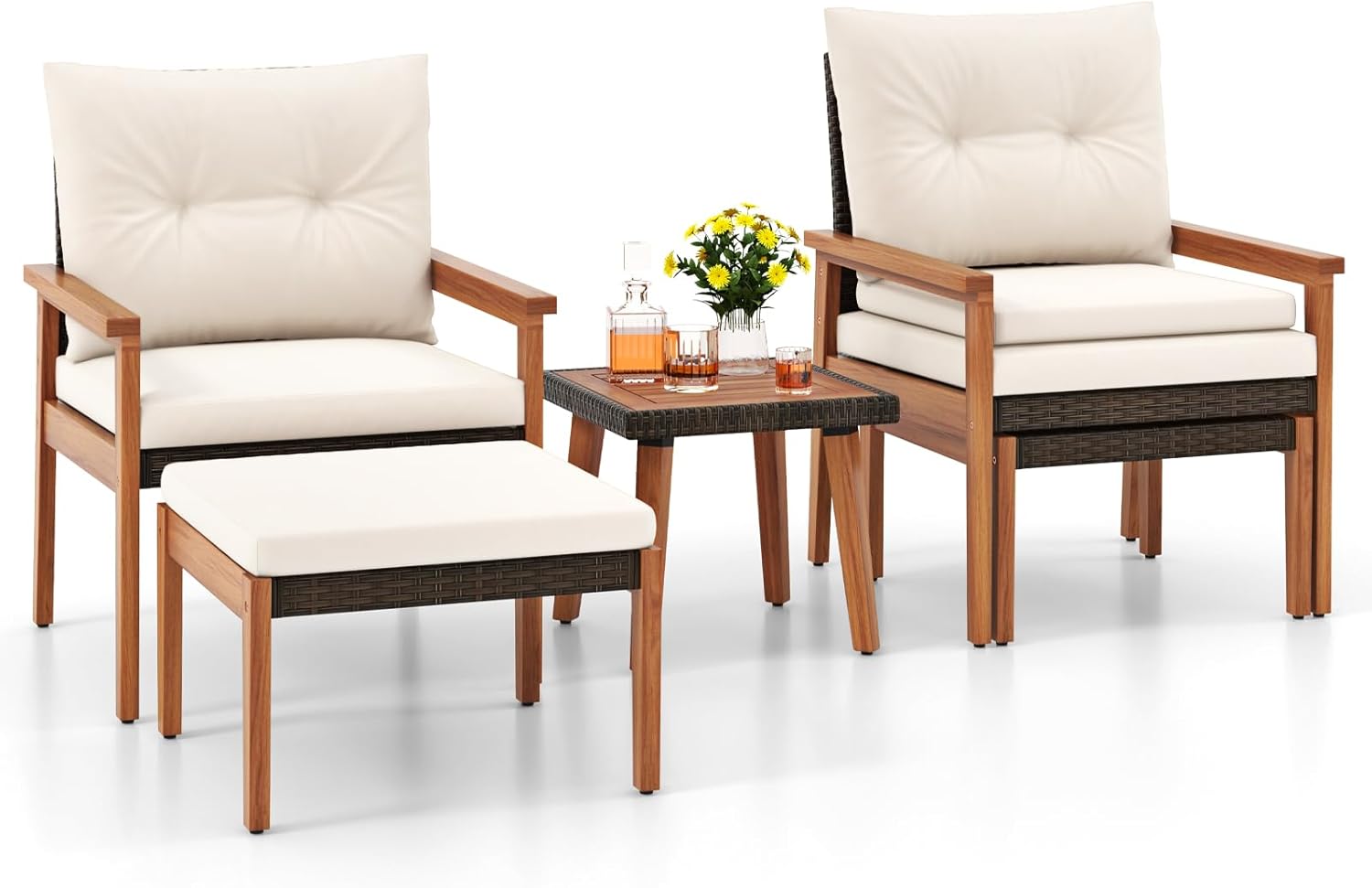 HAPPYGRILL 5 Pieces PE Rattan Patio Conversation Set, Wicker Chairs with Square Coffee Table, Ottomans & Soft Cushions, Outdoor Furniture Set with Solid Acacia Wood Frame for Porch, Balcony & Poolside