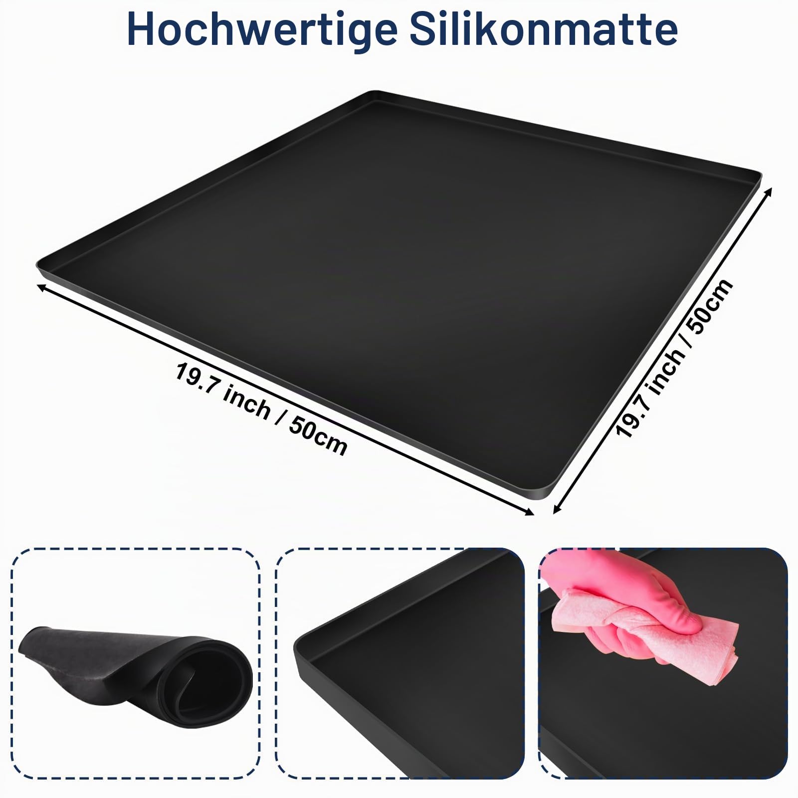 Befun Mini-Kühlschrank-Silikonmatte, 50 x 50 cm, Bodenschutz mit 1,5 cm erhöhten Kanten, Wiederverwendbare Abtropfschale für Waschmaschine und Gefrierschrank, Trockner-Tropfpfanne, Weinschrank