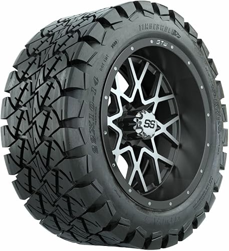 GTW 14 Inch Golf Cart Wheels and Tires Combo MachinedBlack Vortex Wheels on 22x10-14 Timberwolf All Terrain Tires Set of 4 (MachinedBlack)