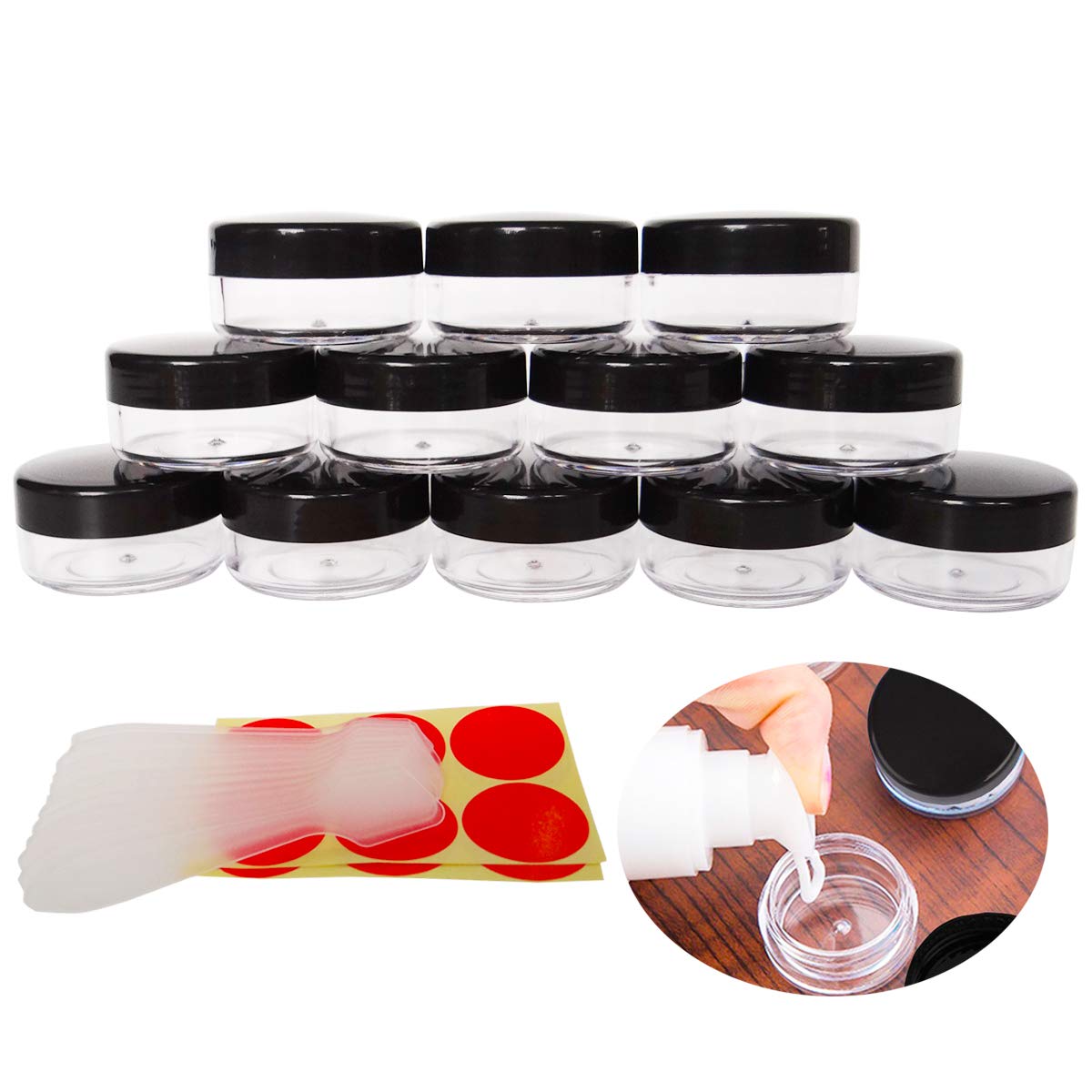 GreatforU 12pack 10 Gram Small Clear Cosmetic Sample 10ml Empty Containers for Make-up Gifts, Eye-Shadow, Nails, Powder, Gems, Beads, Jewelry, Cream, 10g Pot Jars with BLACK Cap Lids, Free Spatulas