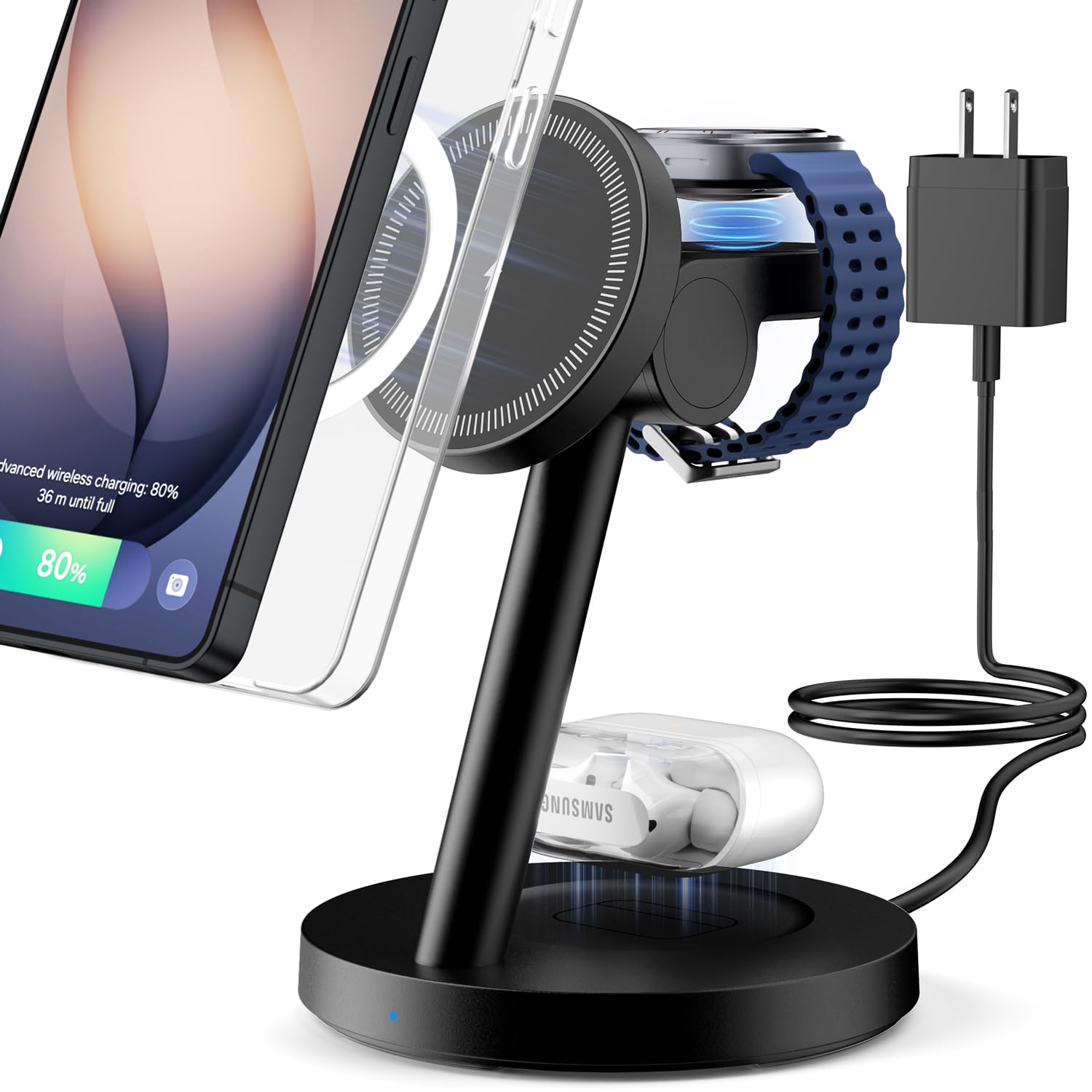 KPON Magsafe Station de Charge 3 en 1 pour Apple Watch et iPhone, Station de Charge Magsafe pour iPhone 17~12, Apple Watch 11~2, AirPods