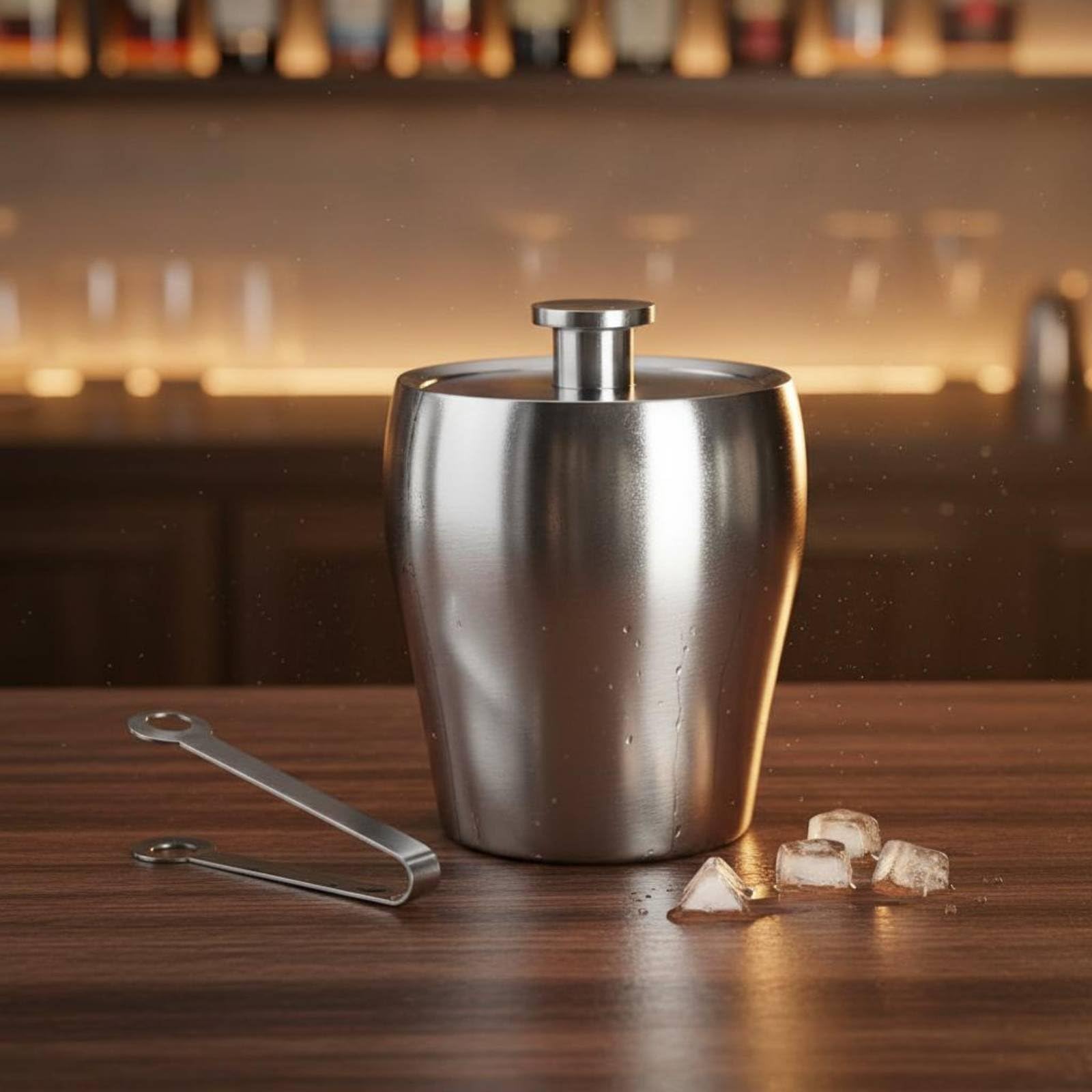 perfk Cubeta Doble Capa Acero Inoxidable Recipiente de Hielo de Botellas Contenedor Firme Adecuado para Cenas Hogares Hoteles, Cubo De Hielo con Tapa Y Pinzas, Acabado Arenado
