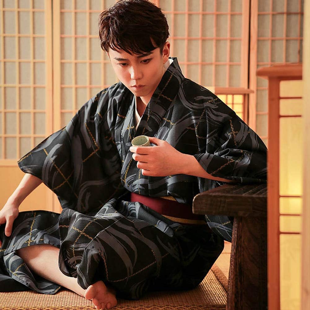 Men's Japanese Traditional Kimono Robe Long Sleeve Spa Bathrobe Easy Wearing Yukata Sleepwear Nightgown Unisex OBI Belt Set (One Size, 814# Black)