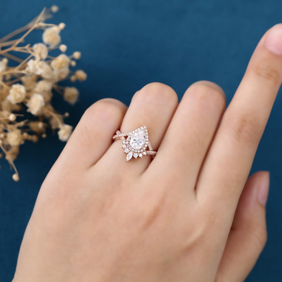 Pear Cut Moissanite Engagement Ring for Women, 2CT Teardrop Halo with Infinity Twisted Pave Wedding Ring, Marquise Accent Bridal Band, 10K/14K Solid Gold or 925 Sterling Silver, Promise Ring Gift for Her