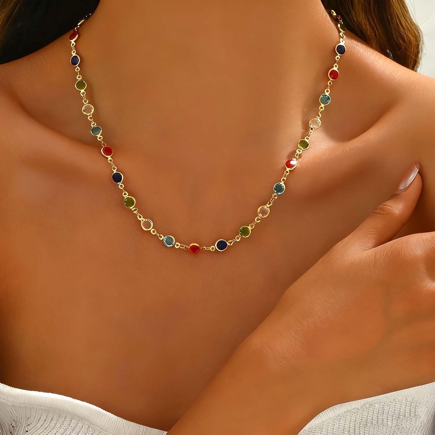 Vintage Colorful Crystal Choker Necklaces Rainbow Gemstone Bead Necklace Multicolor Cz Necklaces Round Rhinestone Necklace Multi Color Pendant Bridal Wedding Jewelry for Women - Image 5