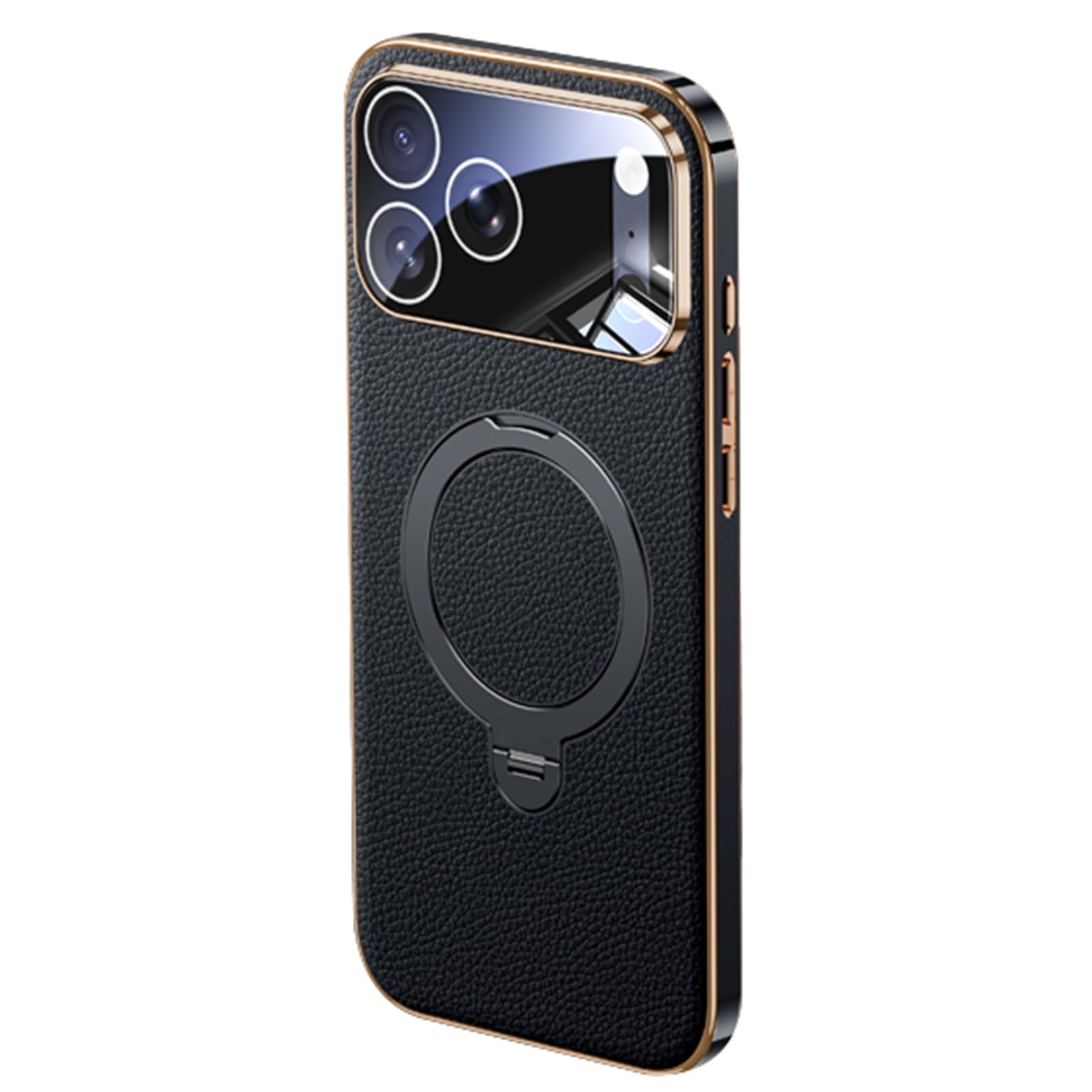 Anneau magnétique coque iPhone 17 Pro Max en cuir véritable plein grain antichoc noir