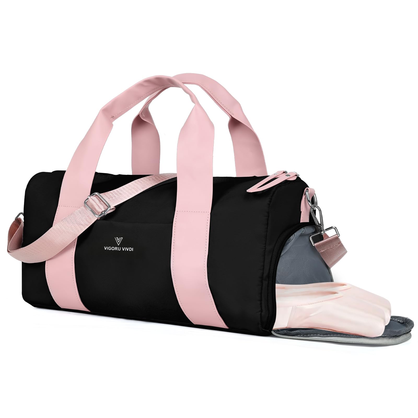 Outplea 15L Girls Gym Bag, Small Sports Duffle Bag with Shoes Compartment & Wet Pocket, Personal Item Bags for Travel Dance Ballet Swimming, Black & Pink