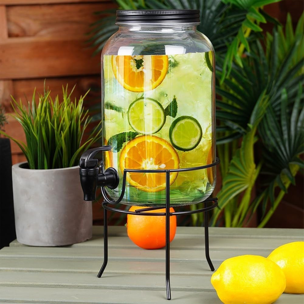 Dispenser di vetro con rubinetto e supporto nero per rubinetto, 3 l
