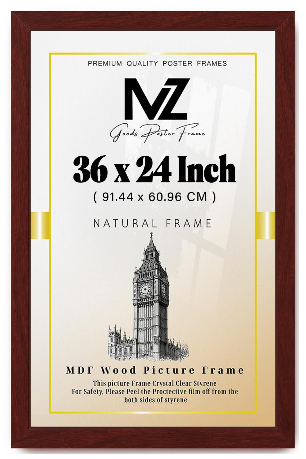 MZ GOODS | Stunning 3' 0" x 2' 0" Mahogany Posters Frame - (91.44 x 60.96 CM) Horizontal/Vertical Wall Hanging for Posters & Artwork 24 x 36 Inch [ Mahogany ]