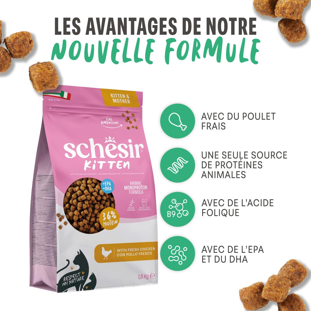 Schesir Animal Monoprotein Kitten, Croquettes pour Chatons, Aliment Sec Monoprotéiné Complet et Équilibré, Goût Poulet, 10 kg