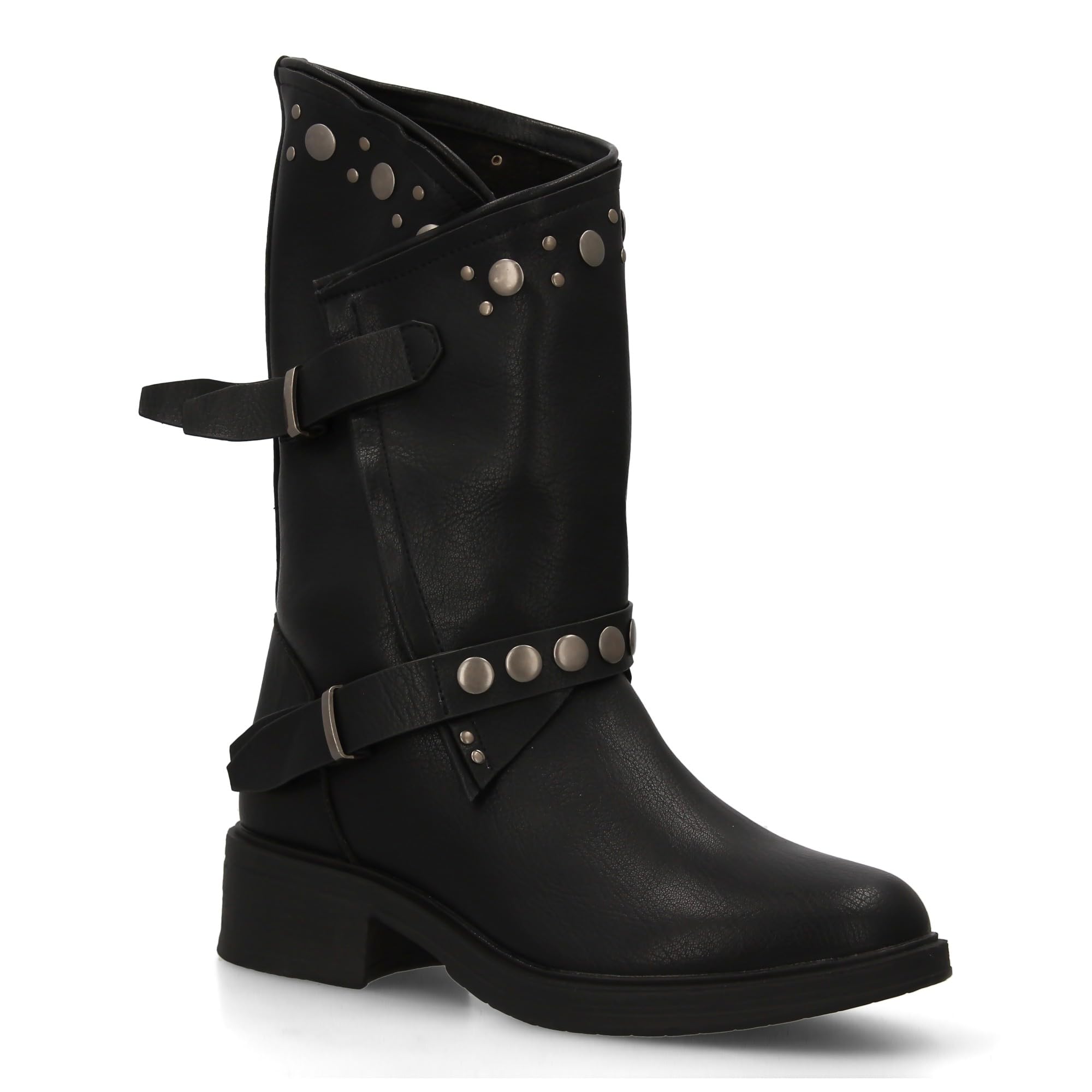 Botas de Mujer Estilo Urbano con Detalles metalicos y Tachuelas. Estampado Liso. Diseno Otono e Invierno, Cierre de Cremallera y Doble Hebilla Decorativa.
