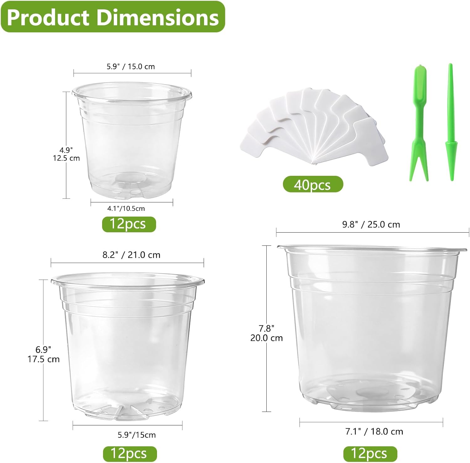 36 Pack 6/8/10 Inch Clear Nursery Pots with Drainage Holes, Transparent Plastic Plant Pots with 40 Waterproof Tags and 2 Mini Transplant Tools, Clear Pot for Plants and Vegetables(Each Size 12)