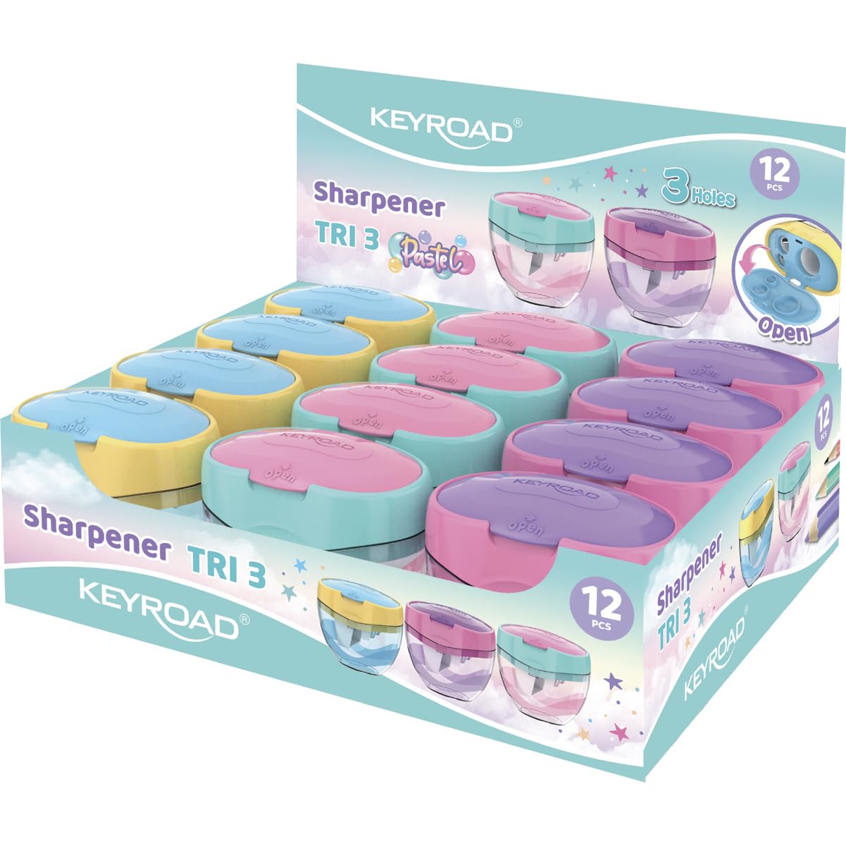 KEYROAD Ergonomic Triple Sharpener Pastel / 12 Pieces/Steel Blades/Pencils and Crayons/for Nursery Preschool and School Sharpener