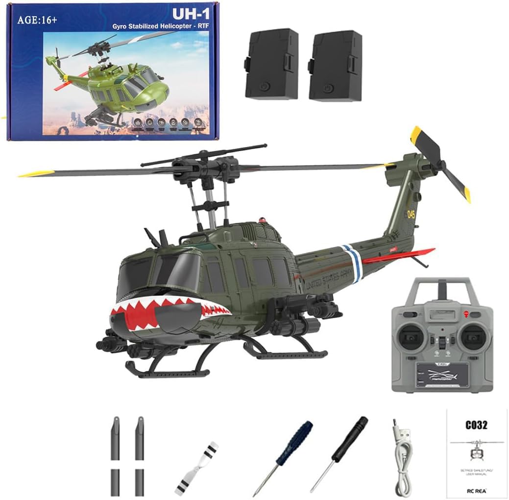 WDDSPSH RC Helicopter C032 UH-1 Huey No Ailerons 6CH 6-Axis Gyroscope Altitude Hovering Optical Flow Localization One-Key Inverted Flight for Adults Beginners (Style 2)
