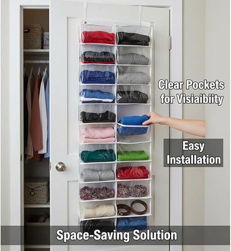 Miniatura 5 de Over The Door Sweatshirt Organizer Hanging Clear Door Shoe Organizer with 26 Pocket Foldable Heavy Duty Toy Storage