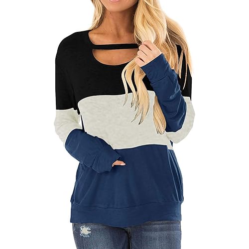 Womens Tops Long Sleeve Fall T Shirts Chest Cutout Color Block Casual Blouses