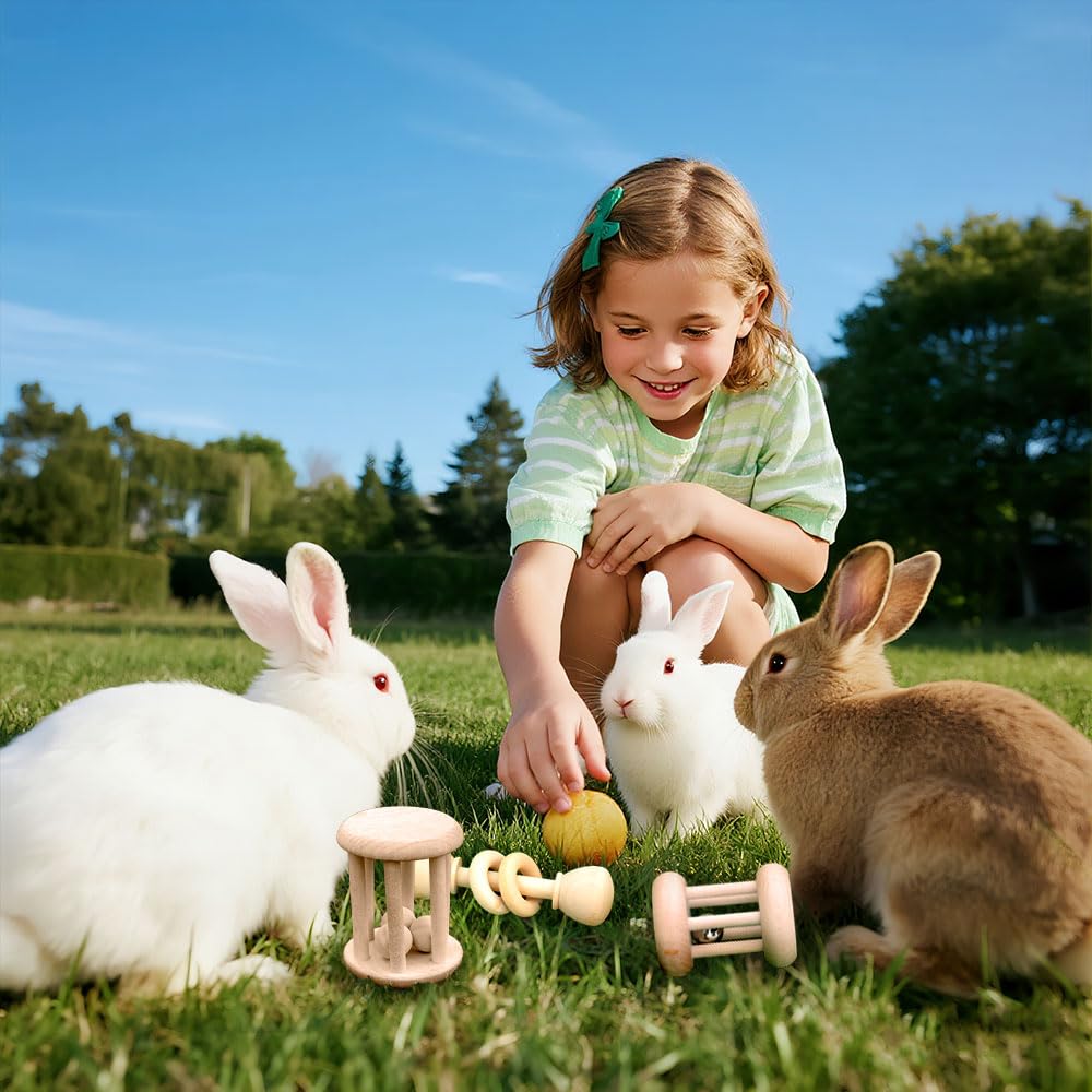 3 Pcs Wooden Bunny Toys with Bell,Safe Giochi per Conigli per Denti,Giochi per Conigli Nani per Indoor Outdoor,Piccoli Animali