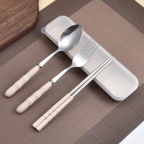 Image of Favria 3 Piece Stainless Steel Spoon,Fork and Chopstick Portable Travel Spoon Box Anti Slip Cutlery Set for Office Lunch Box,Travel, School,Picnics,Camping and Outdoor Home Utensil Set (Beige)