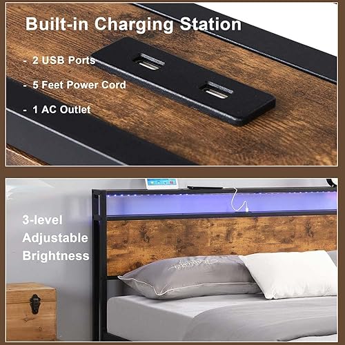 Miniatura 3 de Base de cama de plataforma de metal tamaño Queen con cabecero y estribo de madera con luces USB y LED, no necesita somier, gran almacenamiento