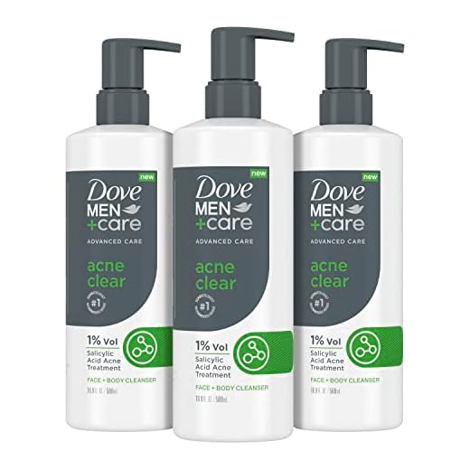 Dove Men+Care Advanced Care Cleanser Acne Clear 3 Count for Acne Prone Skin Face + Body Cleanser with 1% Salicylic Acid 16.9 oz
