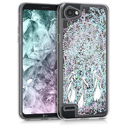 kwmobile Funda Compatible con LG Q6 / Q6+ - Carcasa de TPU para móvil - Cover Trasero atrapasueños con Purpurina Blanco/Azul Claro/Transparente