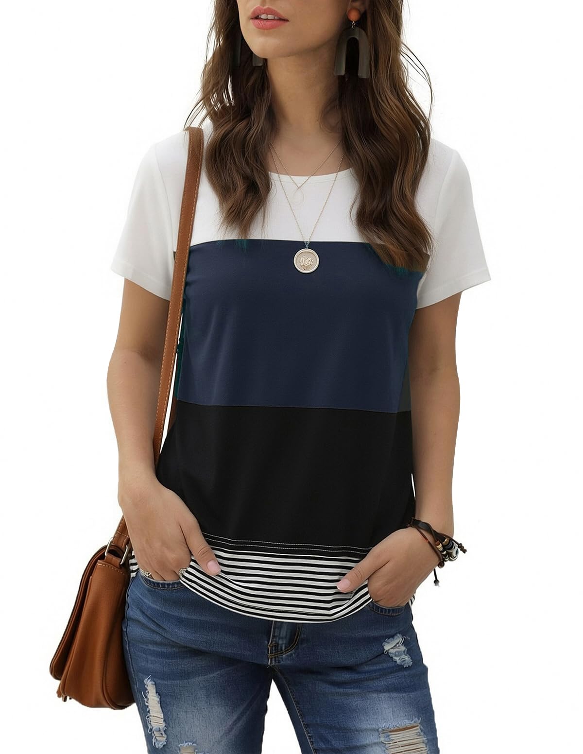 Long Sleeve Shirts for Women Casual Lightweight Sweaters Color Block Striped Tunic Tops