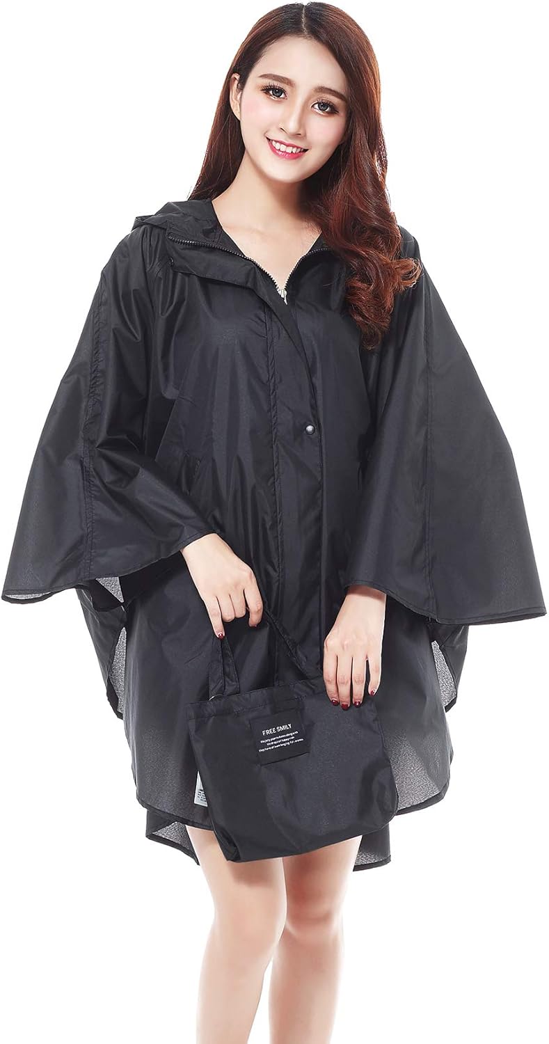 Capa de chuva feminina elegante com capuz para caminhadas e ciclismo, Black Solid, One Size