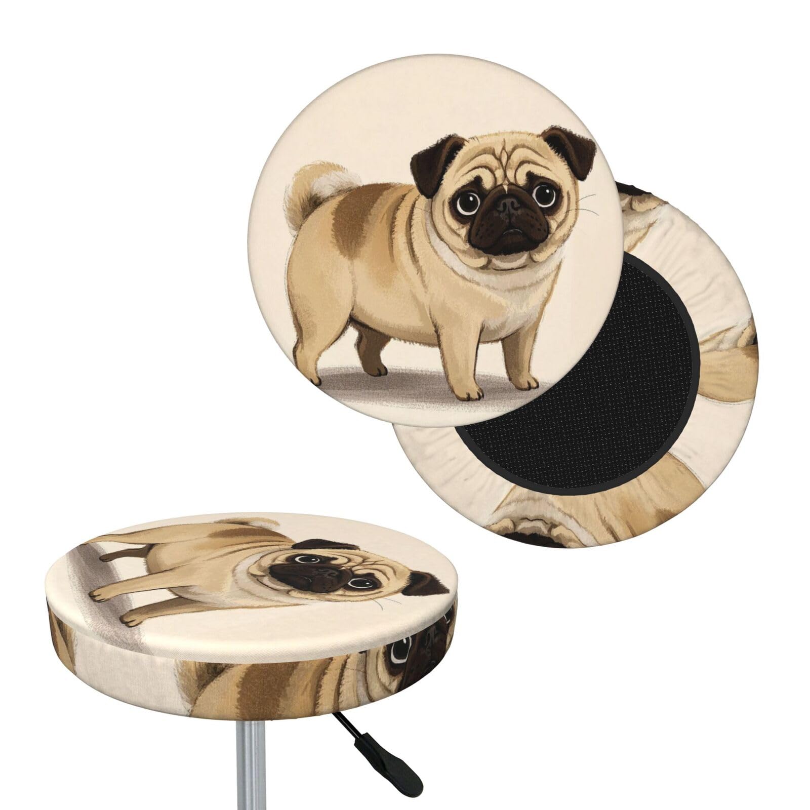 FodPand Cartoon Pug Bar Stool Cover Round Elastic Stool Cushion Covers Washable Bar Stool Chair Slipcover Stretch Stool Seat Covers for 12-14 Inch Chair