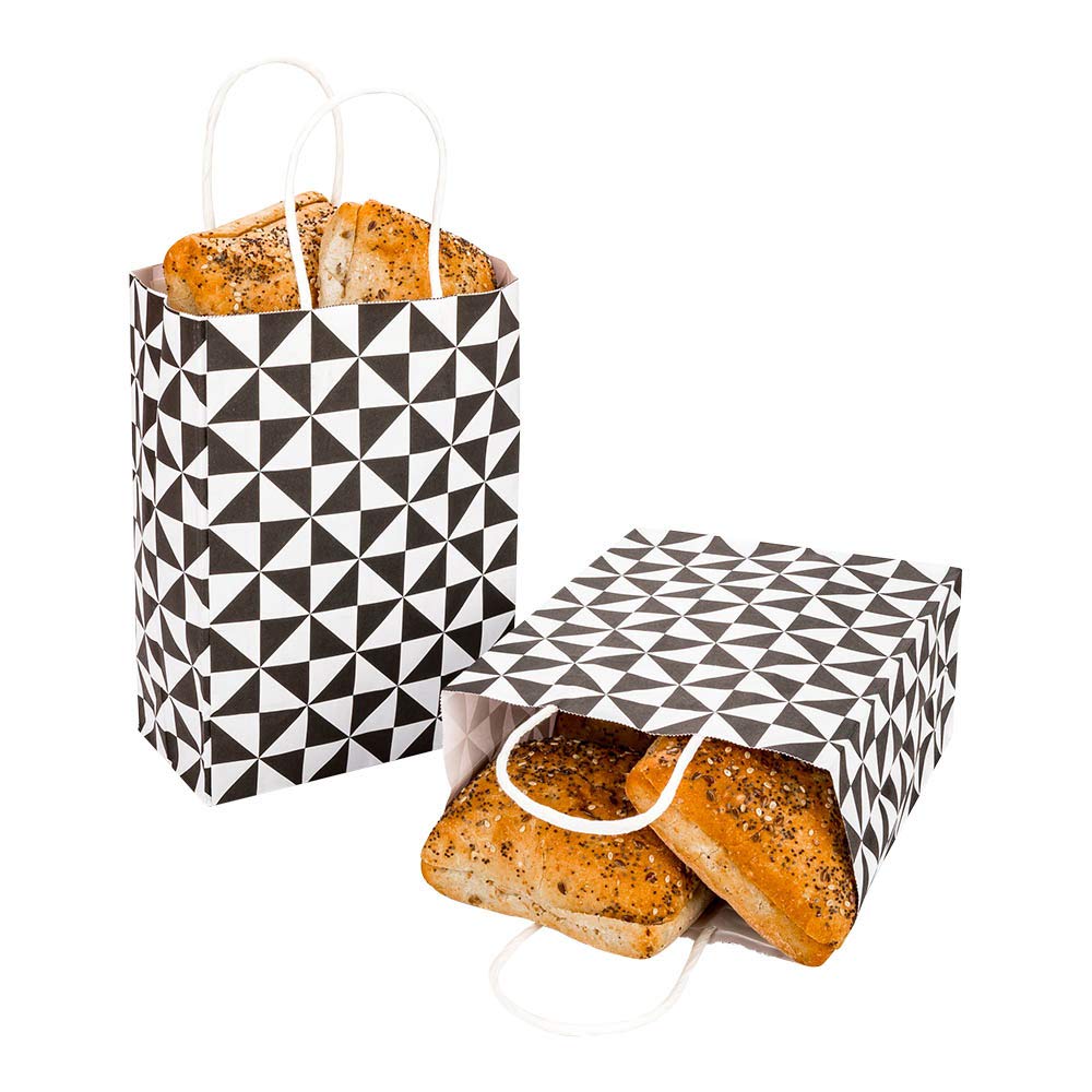 RestaurantwareRestaurantware Vogue 10 x 6.8 x 12 Gift Bags 100 Built-In Handle Party Bags - Tear-Resistant Food Safe White With Black Print Paper Retail Bags Recyclable For Merchandise And Retail