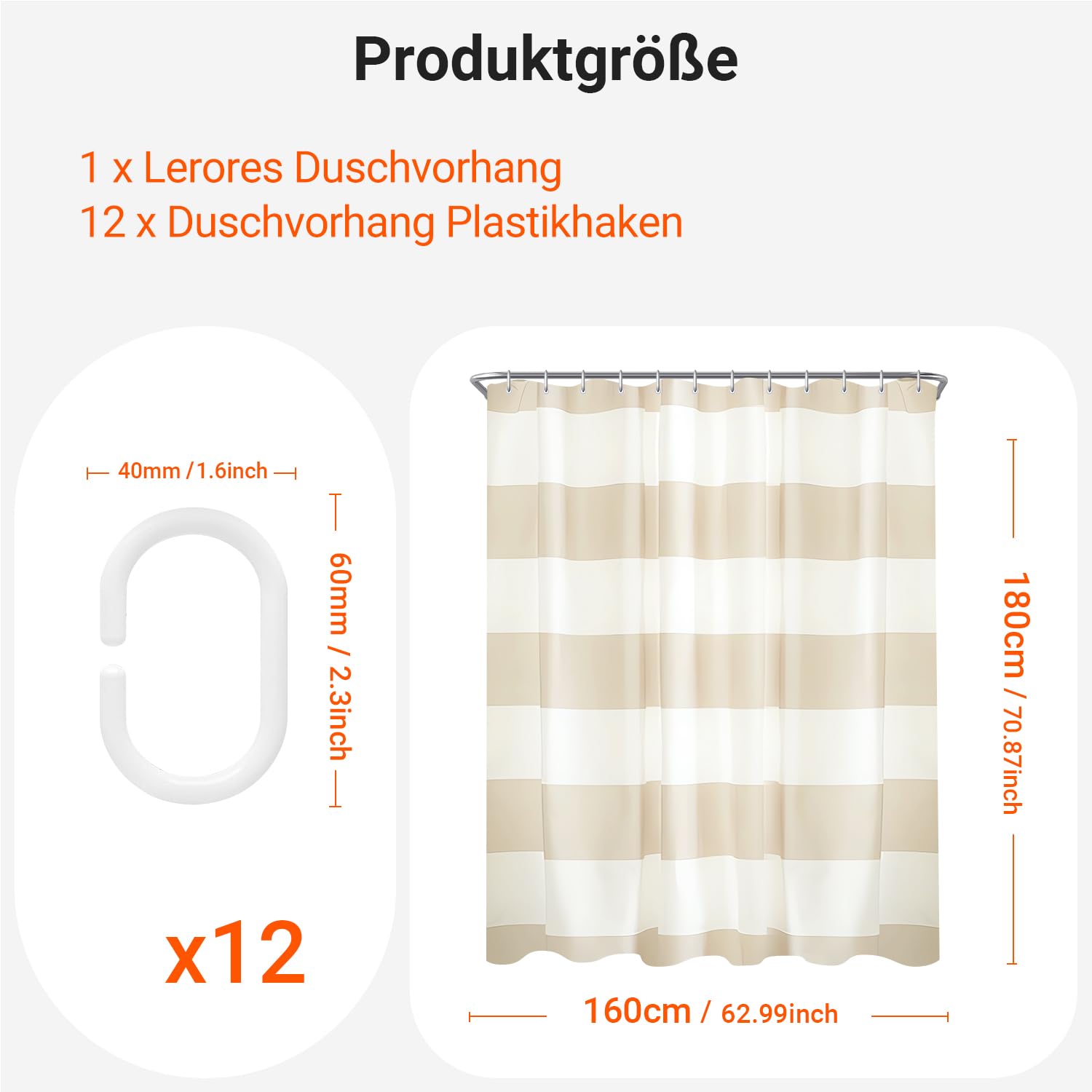 Lerores Shower Curtain, 160 x 180 cm, Beige Stripes, Weighted Hem, Anti-Mould Textile, Water-Repellent, Washable Polyester Bath Curtains with Eyelets and 12 Shower Curtain Rings for Bathroom, Bathtub - Image 2