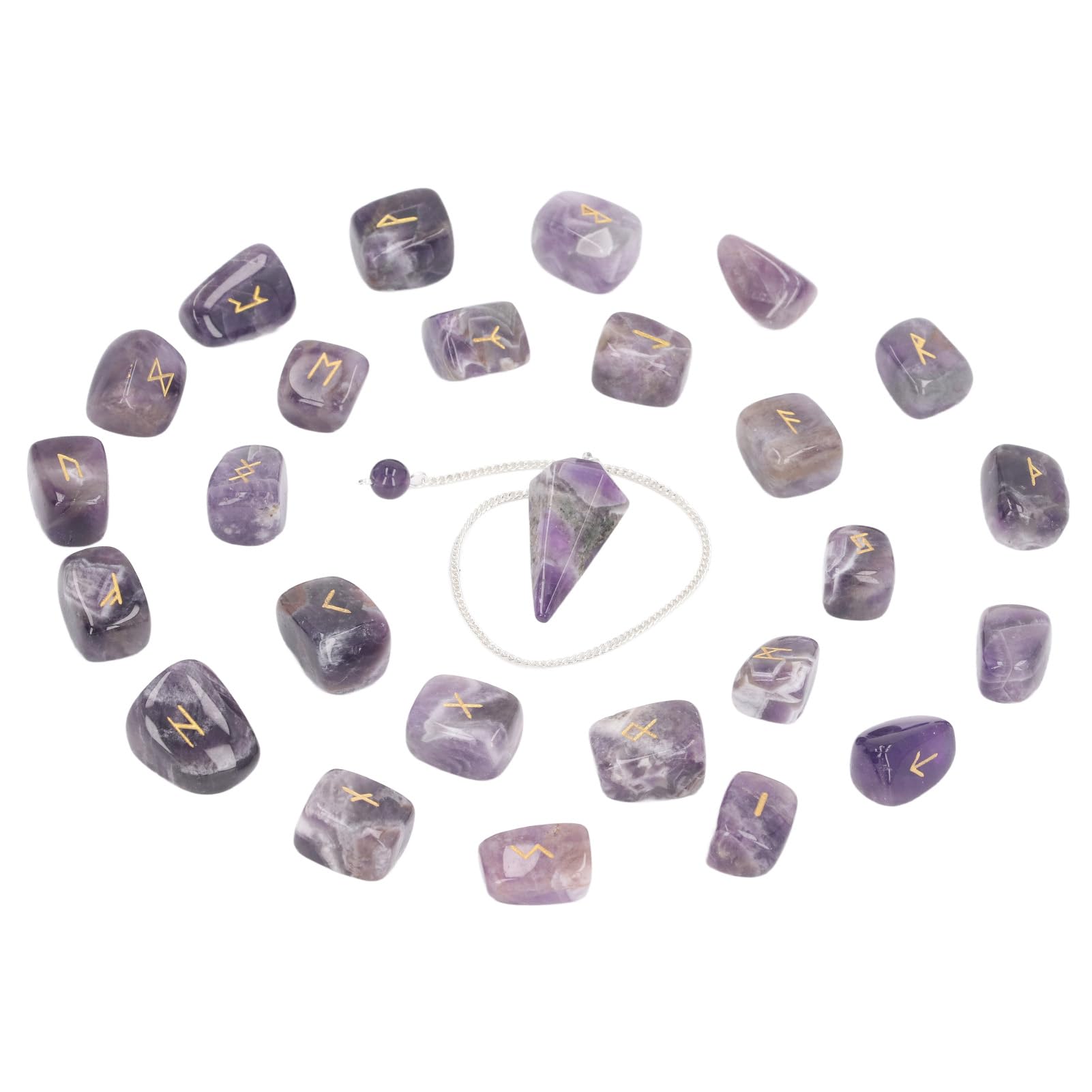 Juego de 25 Piedras Runas, Péndulo y Bolsa de Cristal, Curación, Chakras Equilibrados, Mente Pacífica, Adivinación, Meditación para Problemas Emocionales, Colección de Rocas,