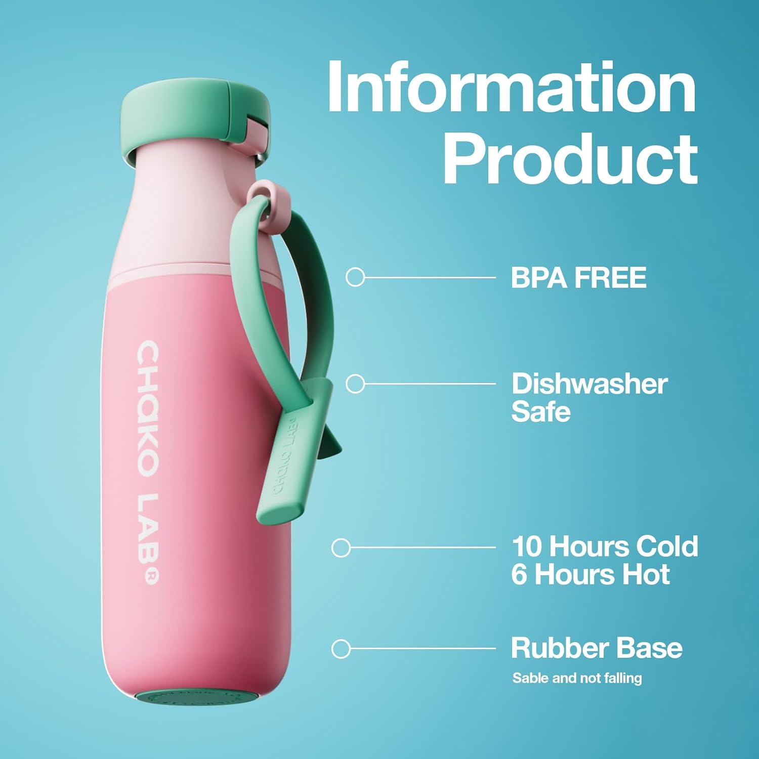 CHAKO LAB Ceramic Insulated Stainless Steel Water Bottle with Two Strap | BPA-Free Leak Proof | 17oz Bottle with Spout Lid & Straw | Peach - Image 2