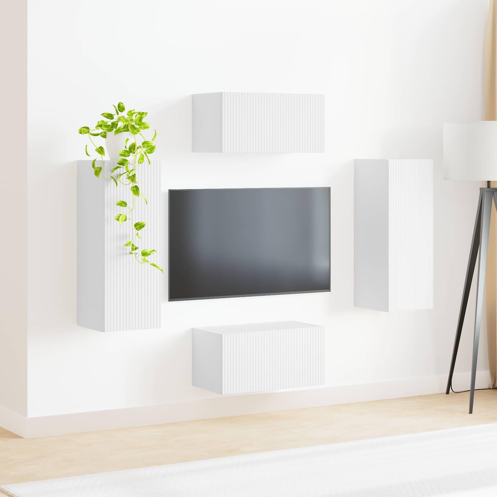 TV-Schrankset Wandmontiert 2 pcs Weiß, Holzwerkstoff, Modernes Design, 30x80cm & 60x30cm, für Wohnzimmer, Media Center Aufbewahrung