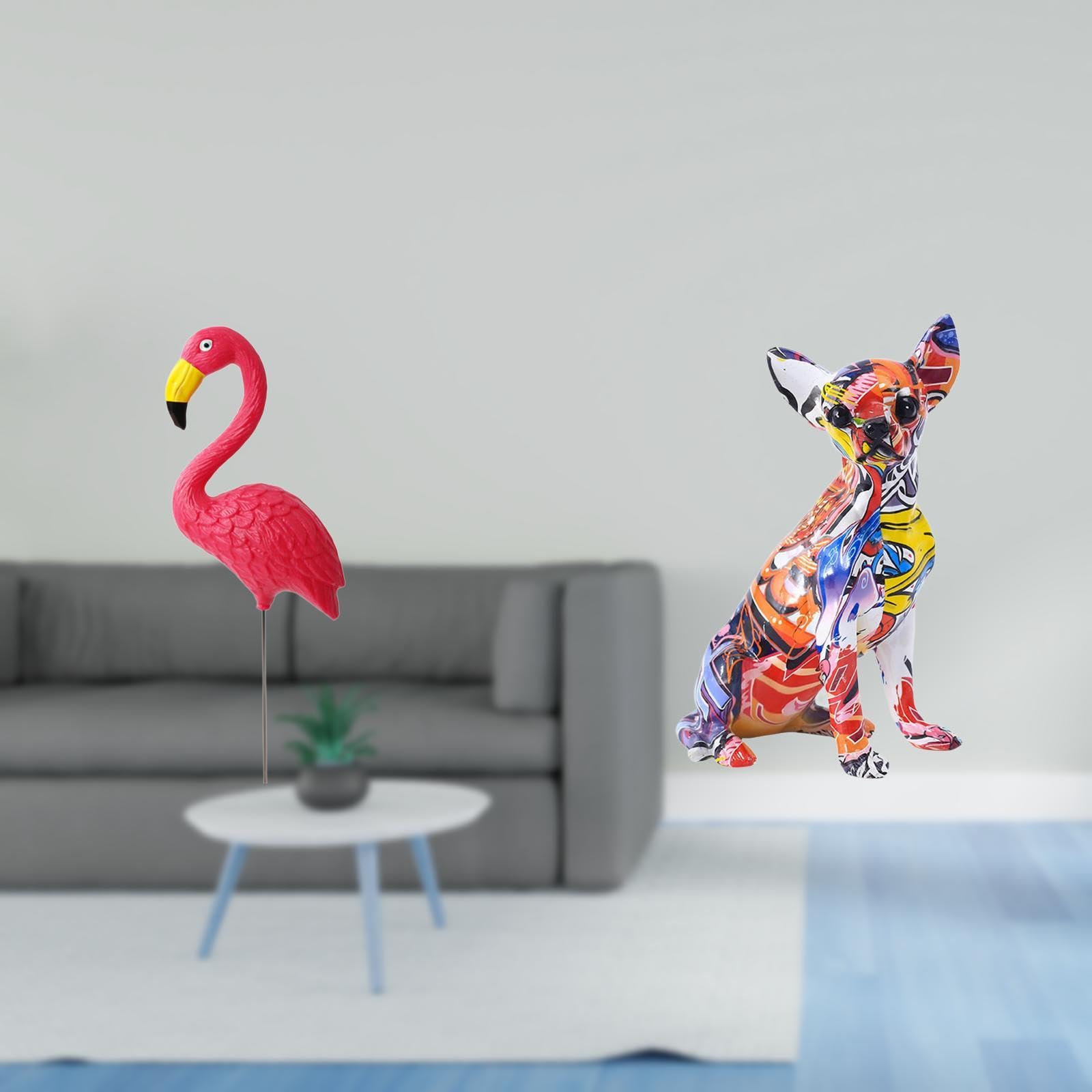 Enakshi® Flamingo and Chihuahua Garden Sculpture Ornament for Spring Holiday Decor Colorful Puppy Figurine Yard Art Accessory-image-45