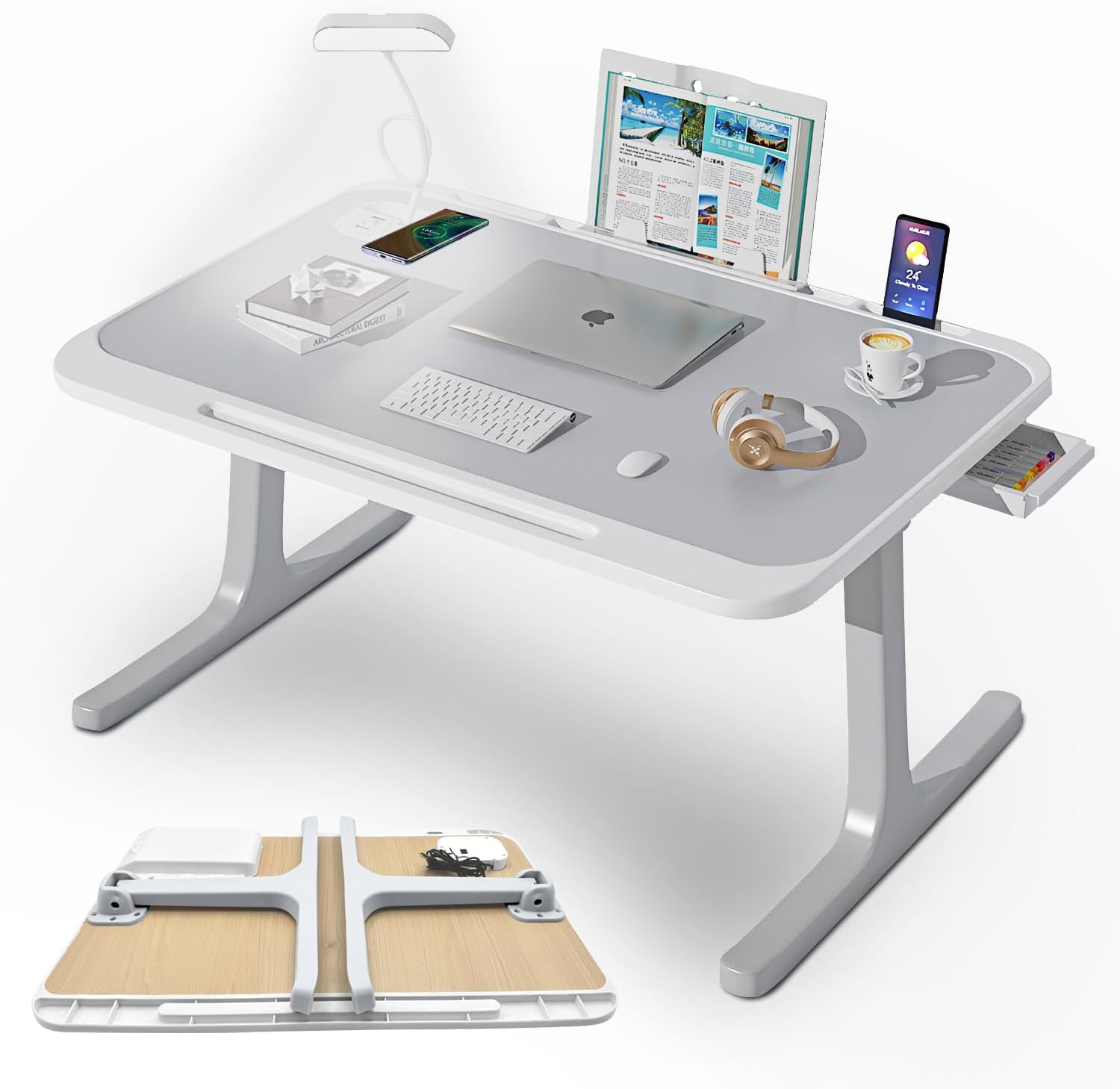 Laptop Bed Desk with LED Light, Foldable Laptop Table Non-slip Computer Tray for Bed with Book Stand, USB Port & Wireless Charging, Portable Dormitory Study Desk Side Drawer for Work Reading