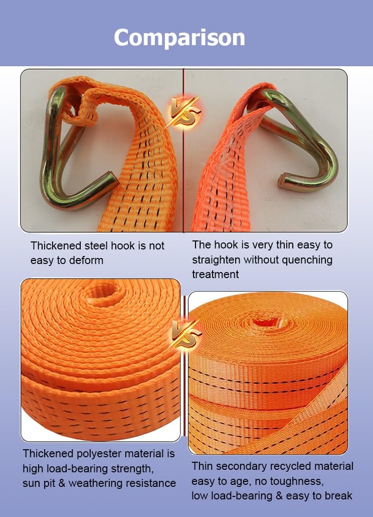 Paquete de 4 Correas de Amarre con trinquete de 6,6 a 72,2 pies, 13228 Libras, Gancho en J, Correas de Amarre con trinquete for Camiones de Carga, Kayaks y Motocicletas(W 5cm/2in,5.0m/16.4Ft)
