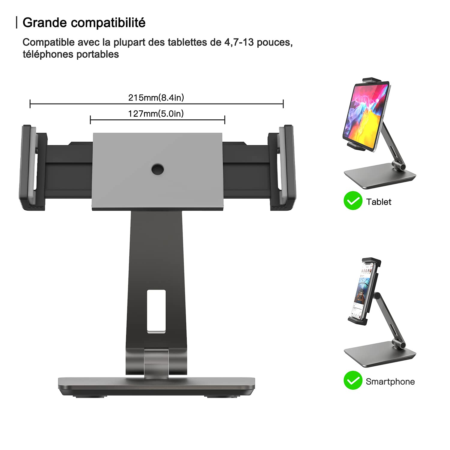 Tablet-Halterung, schweres Aluminium, verstellbar, 360° drehbar und faltbar, kompatibel mit iPad, Samsung Tab, Kindle (4,7-13 Zoll), Grau