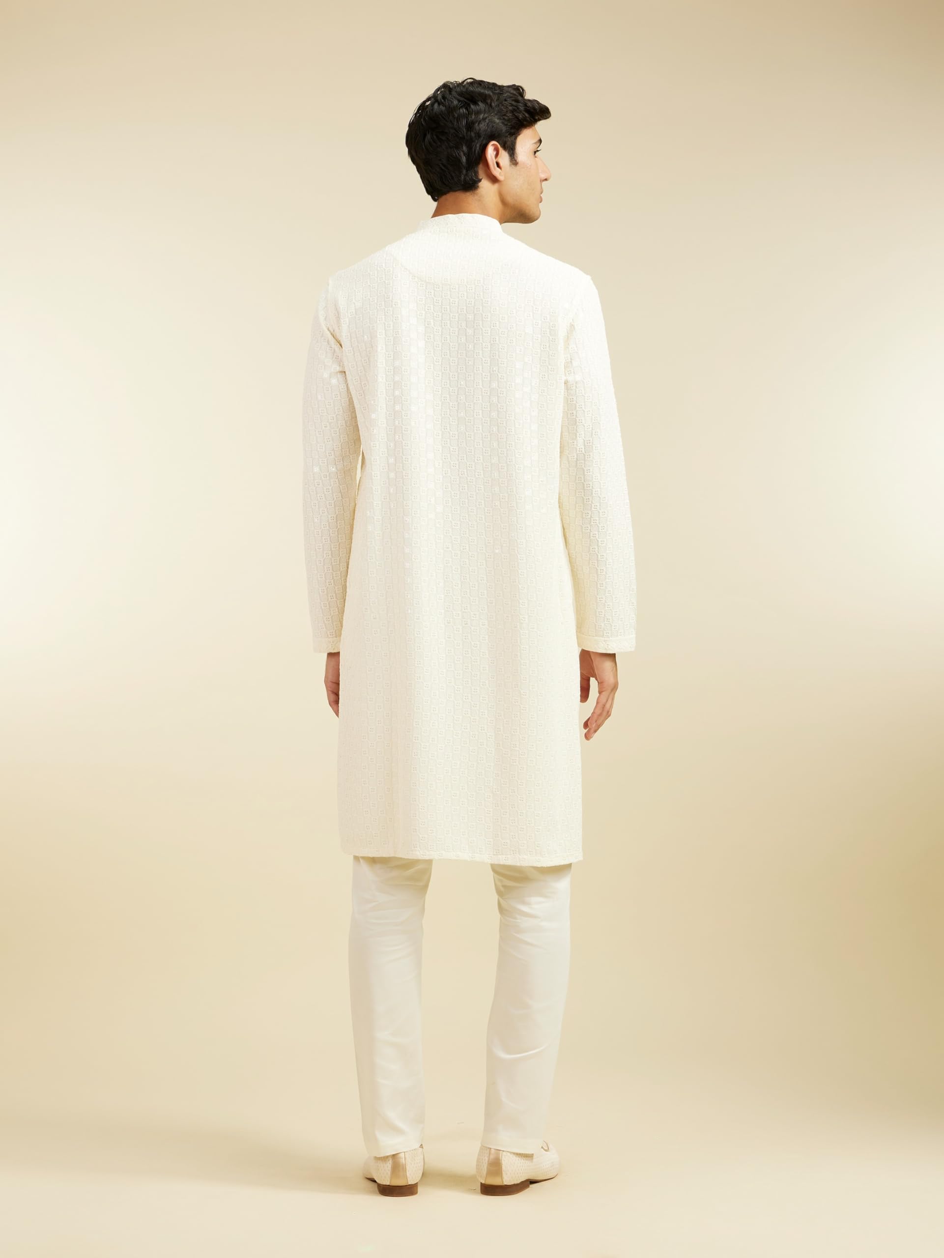 DIWAS BY MANYAVAR Men's Viscose Embroidery|Sequin Work Kurta (Cream,XL) 3
