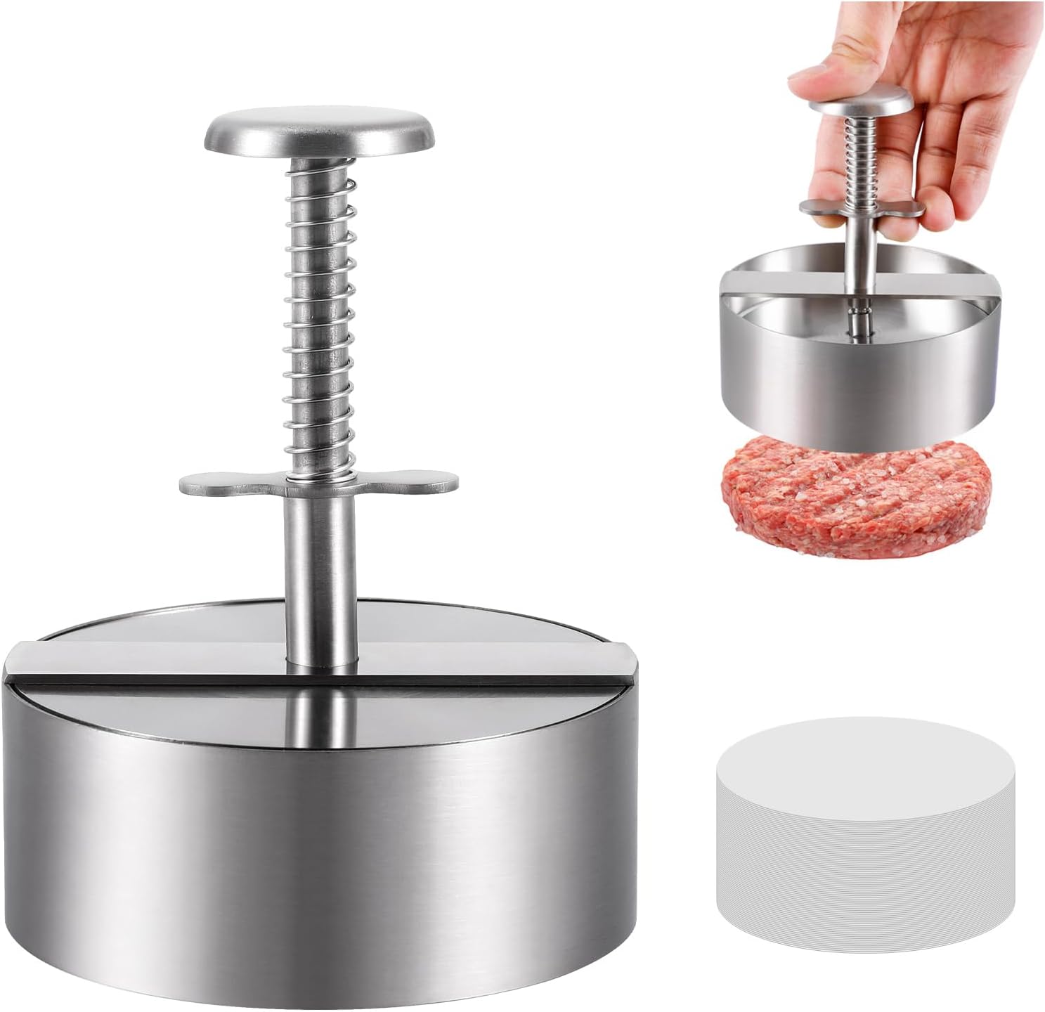 Burger Press, Non-Stick Meat Patty Hamburger Maker for Making Quarter Lb or Large 1/3 Pound Stuffed Pocket Burgers, Aluminum for BBQ Grill (500 Wax Paper)