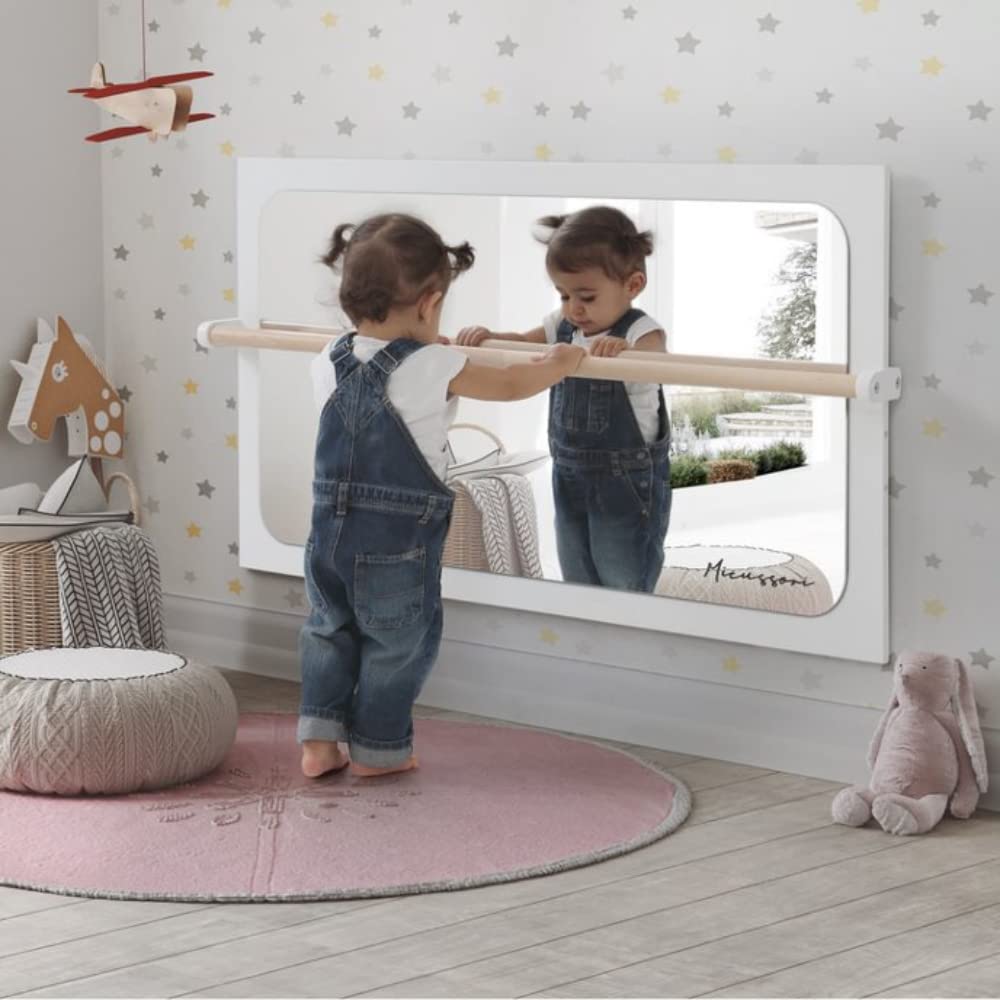 Miroir avec barre Montessori incassable 110 x 65 | Miroir jeux d'éveil et de motricité enfant, dès 6 mois, 1 an | bois naturel antibactérien | Jeux éducatifs d'éveils bébés | murale ou sur pied (Bois)