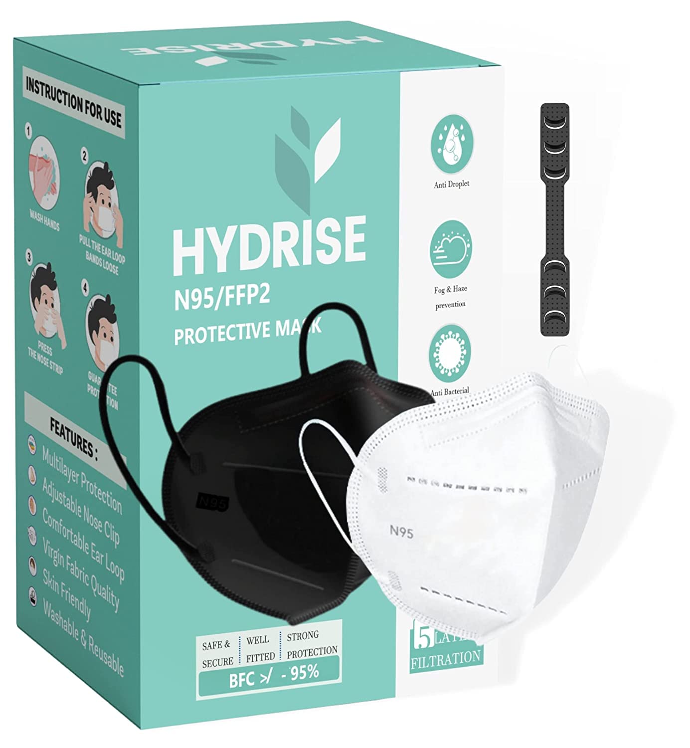 HYDRISE (Pack of 40 (White) (Black) Premium N95 Mask For Men and Women with Mask Adjuster - Washable mask - Reusable mask - Pollution Mask - Protection mask - ISO SITRA approved - Advanced Filtration (B09P1H5NSQ) Amazon Price History, Amazon Price Tracker