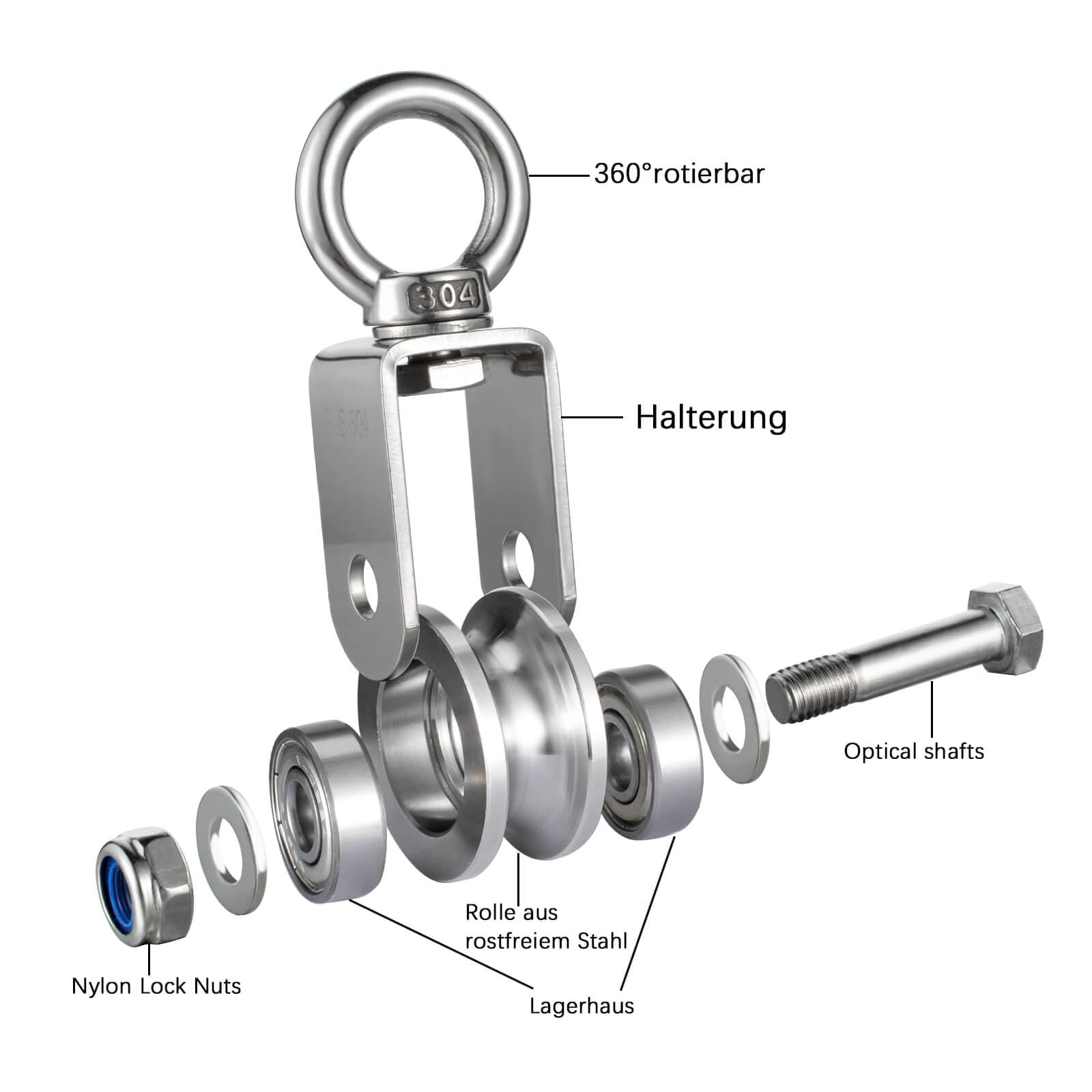 Umlenkrolle mit 2 Kugellager, Edelstahl Flaschenzug mit 10m/8mm Nylonseil, Tragfähigkeit 500 kg