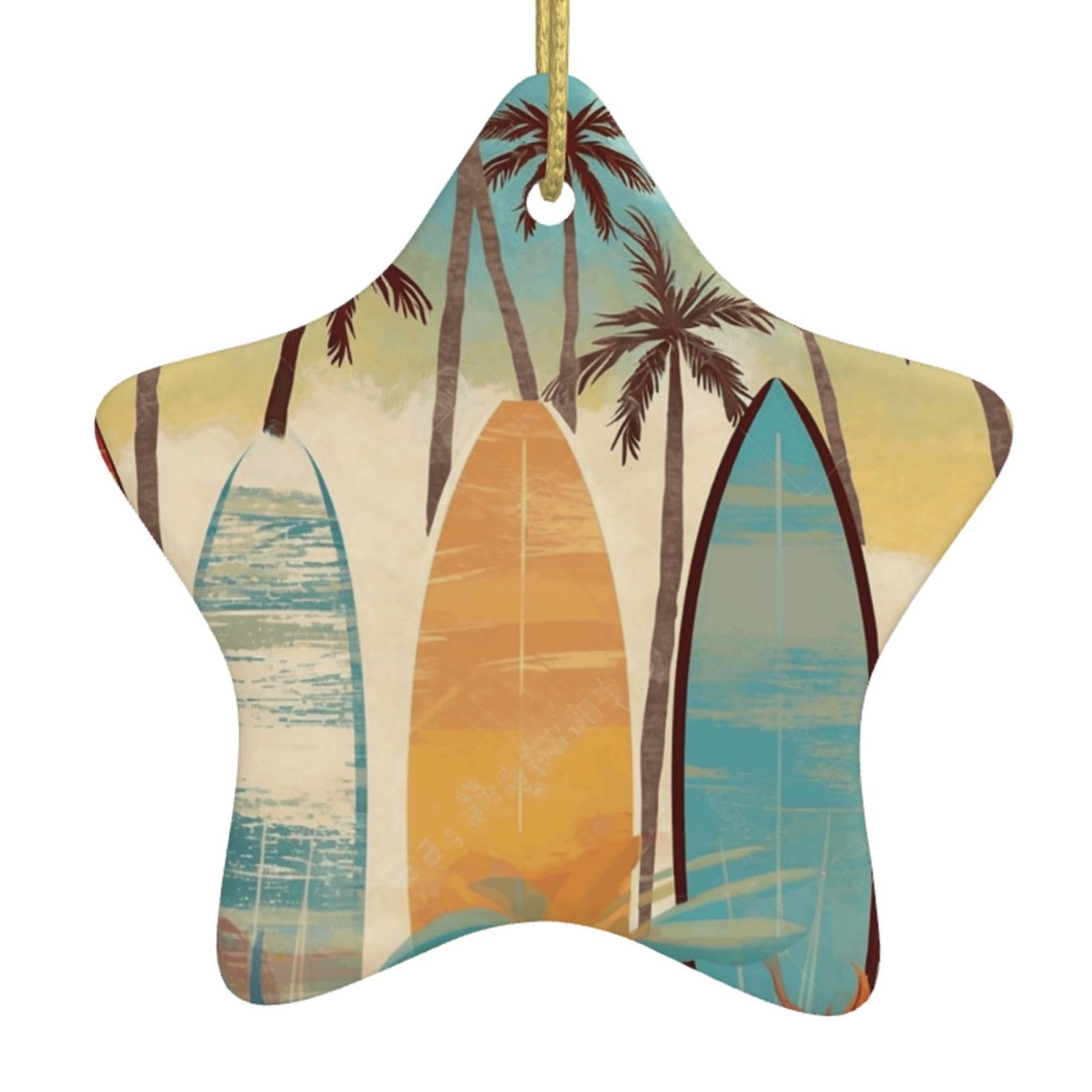 Ceramic Christmas Tree Hanging Ornaments with Gold Ropes Christmas Tree Decorations Star Ceramic Surfboard Palm Tree Pendant Keepsake Decorations for Holiday Xmas Gift Ideas