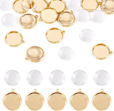 12Pcs 12mm Brass Bezels Blank Pendant Trays with 12Pcs Round Clear Glass Cabochons Flatback Gold Long-Lasting Plated Bezels for Jewelry Making Necklace Earring Bracelets