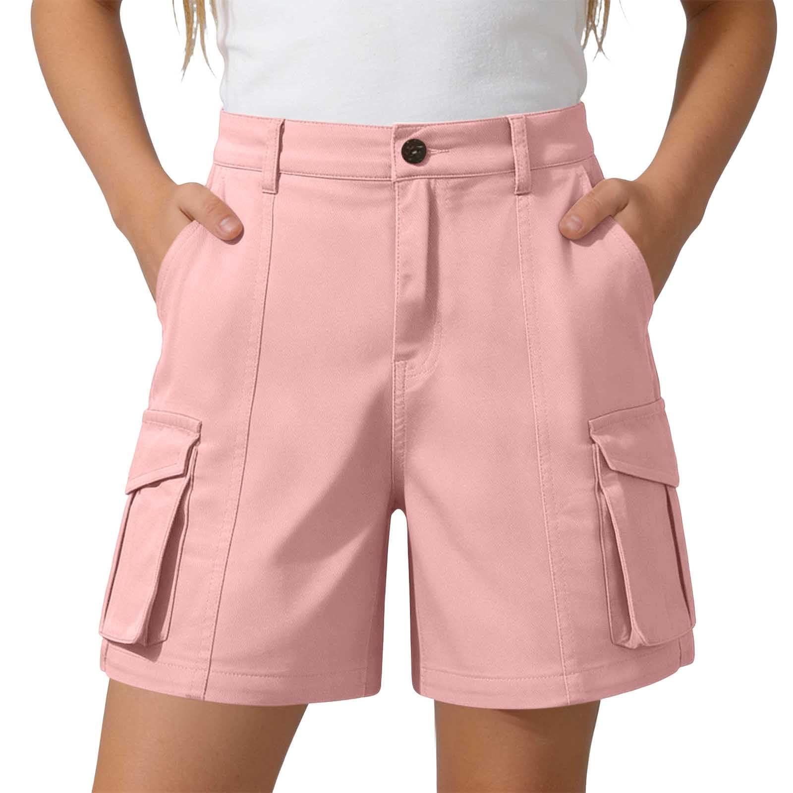 Generisch Kurze Hose Mädchen Sommer Bermuda Cargo Shorts Hohe Taille Cargoshorts mit Elastischem Bund und Taschen Wandershorts Einfarbige Knöpfen Stoffshorts Stretch Casual Cargohose Outdoor Golfhose