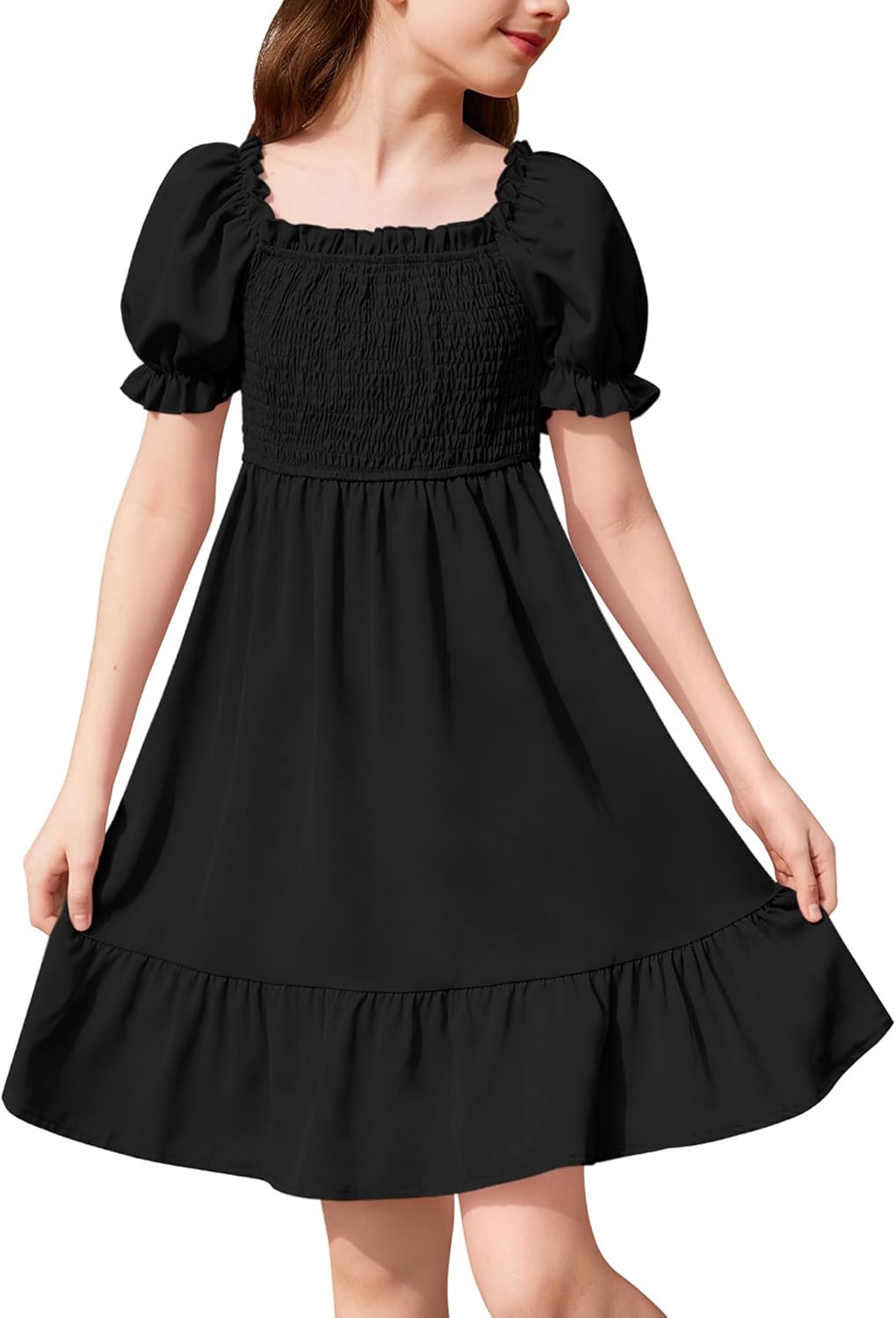 BesserBay Girls Summer Ruffle Square Neck Smocked Midi Dress Puff Sleeve Flowy Sundress 4-14 Years 10 Years Solid | Black