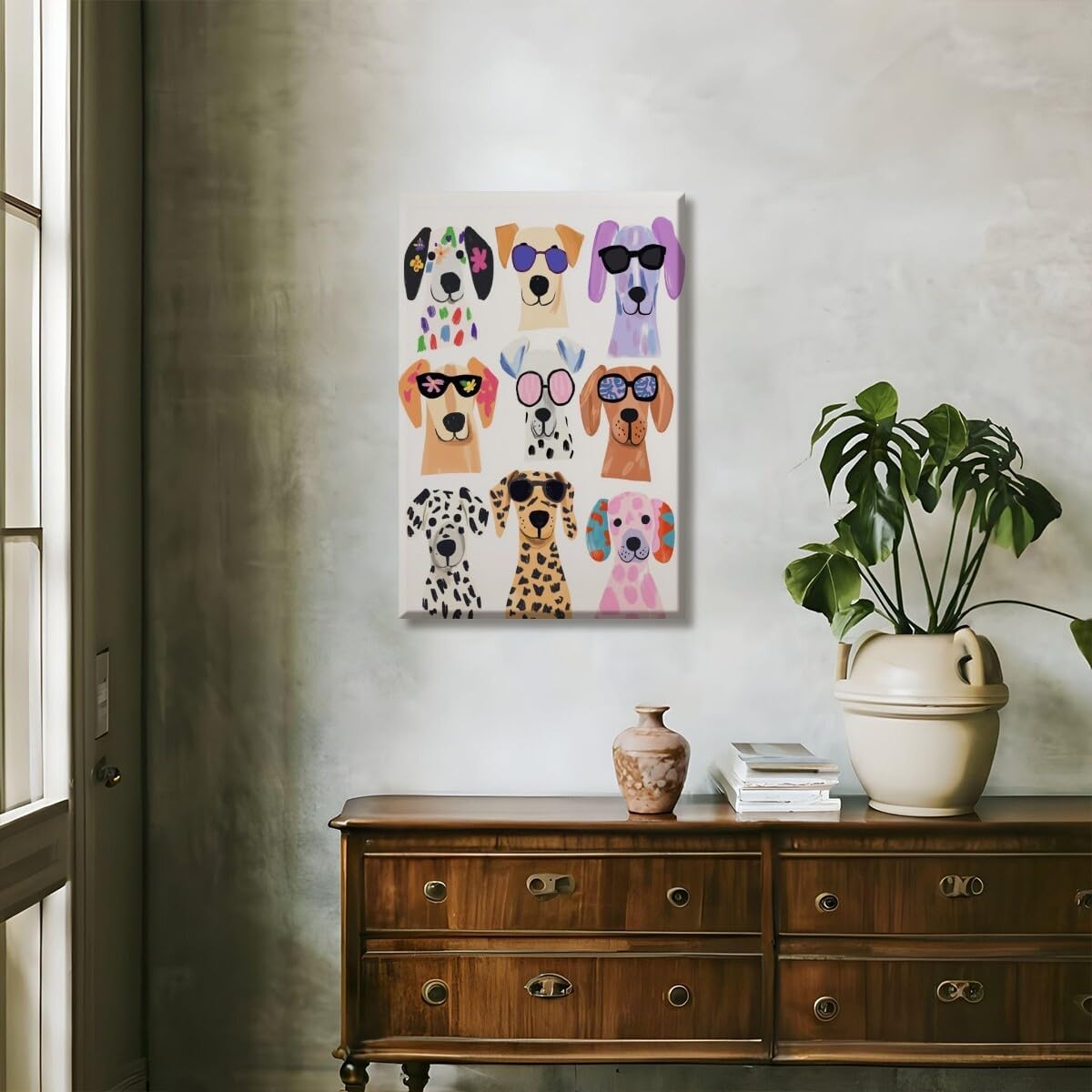 Colorful Funny Dog Wall Art Cool Puppy Portrait Canvas Print Trendy Dog Wearing Glasses Pet Poster Maximalist Picture Funky Animal Painting Modern Decor for Kids Room Nursery 24x36inch Unframed