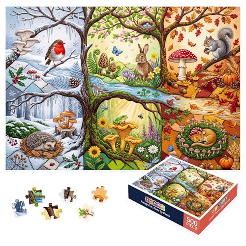 Rompecabezas de 500 Piezas – Bosque Cuatro Estaciones con Hongos y Animales del Bosque, Puzzle Relajante de Naturaleza para Adultos y Familias, 20.5 x 15 pulg, Incluye Póster miniatura 1